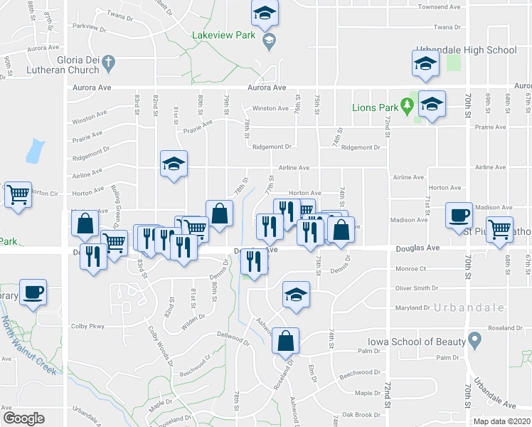 map of restaurants, bars, coffee shops, grocery stores, and more near 7617 Madison Avenue in Urbandale