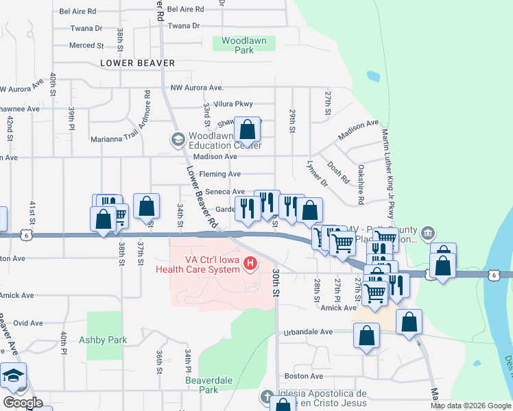 map of restaurants, bars, coffee shops, grocery stores, and more near 3023 Garden Avenue in Des Moines