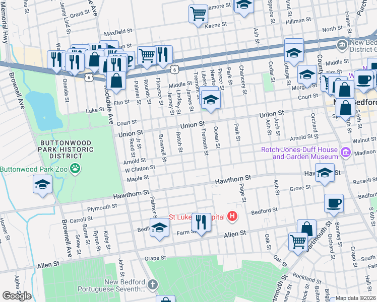 map of restaurants, bars, coffee shops, grocery stores, and more near 82 Rotch Street in New Bedford
