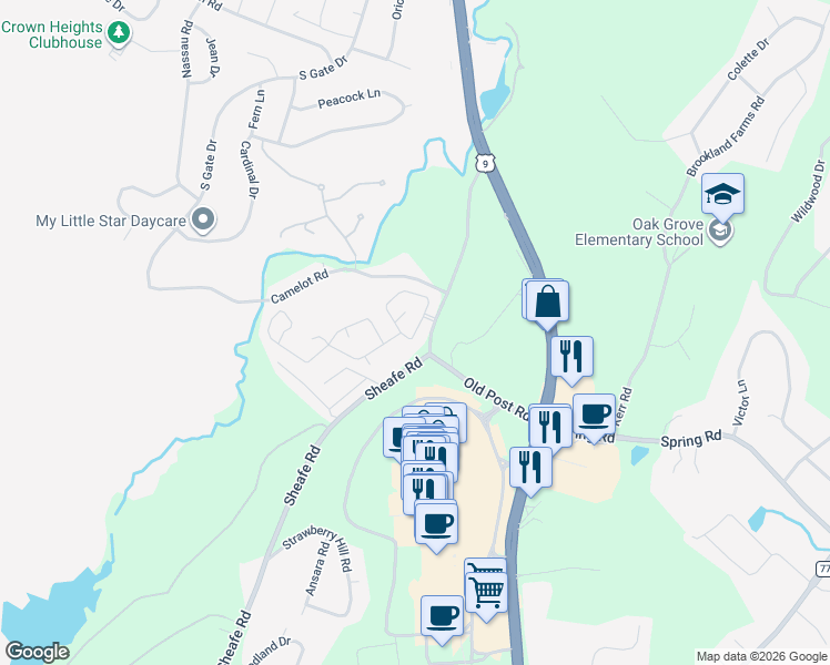 map of restaurants, bars, coffee shops, grocery stores, and more near 10 Camelot Village in Poughkeepsie