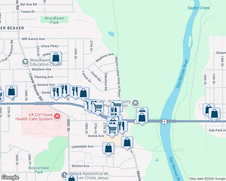 map of restaurants, bars, coffee shops, grocery stores, and more near 2522 Lynner Drive in Des Moines
