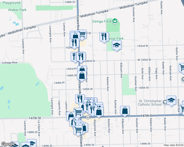 map of restaurants, bars, coffee shops, grocery stores, and more near 14356 Kilpatrick Avenue in Midlothian