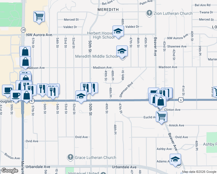 map of restaurants, bars, coffee shops, grocery stores, and more near 4900 Seneca Avenue in Des Moines