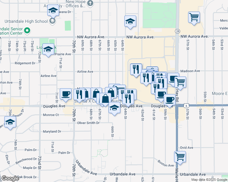 map of restaurants, bars, coffee shops, grocery stores, and more near 6502 Madison Avenue in Urbandale