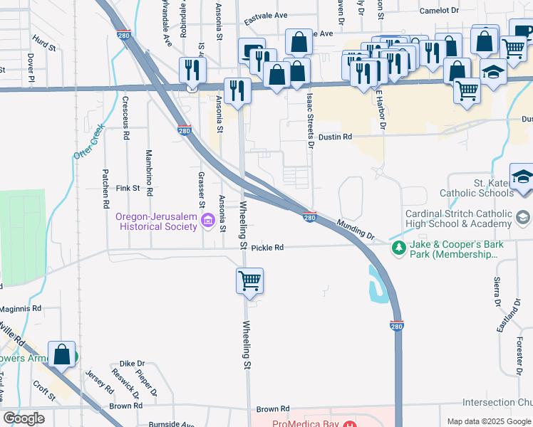 map of restaurants, bars, coffee shops, grocery stores, and more near 1103 South Wheeling Street in Oregon