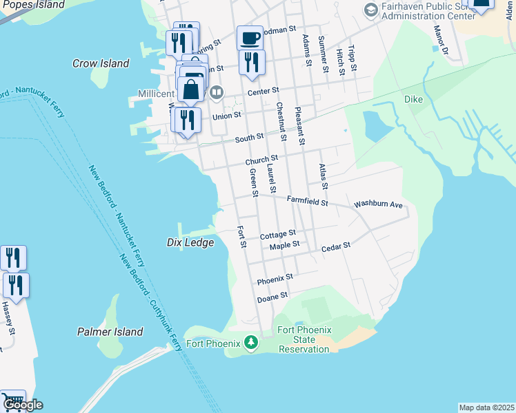 map of restaurants, bars, coffee shops, grocery stores, and more near 43 Green Street in Fairhaven