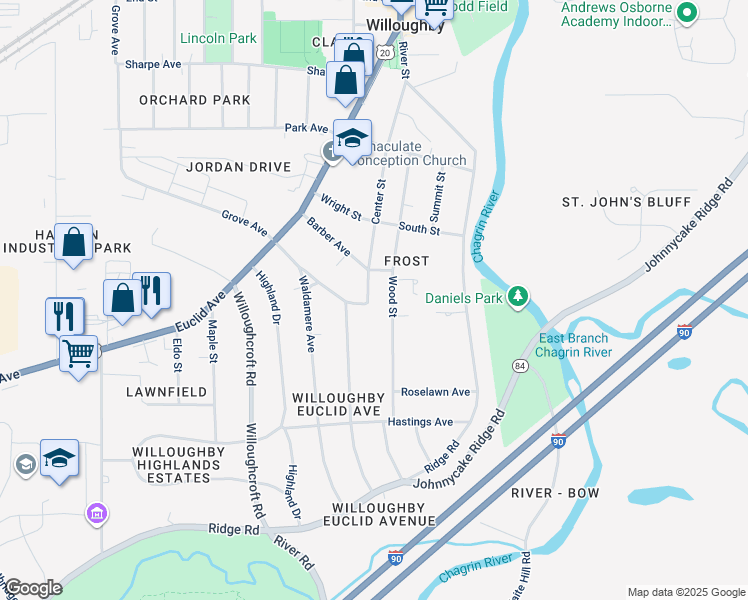 map of restaurants, bars, coffee shops, grocery stores, and more near 4639 Center Street in Willoughby