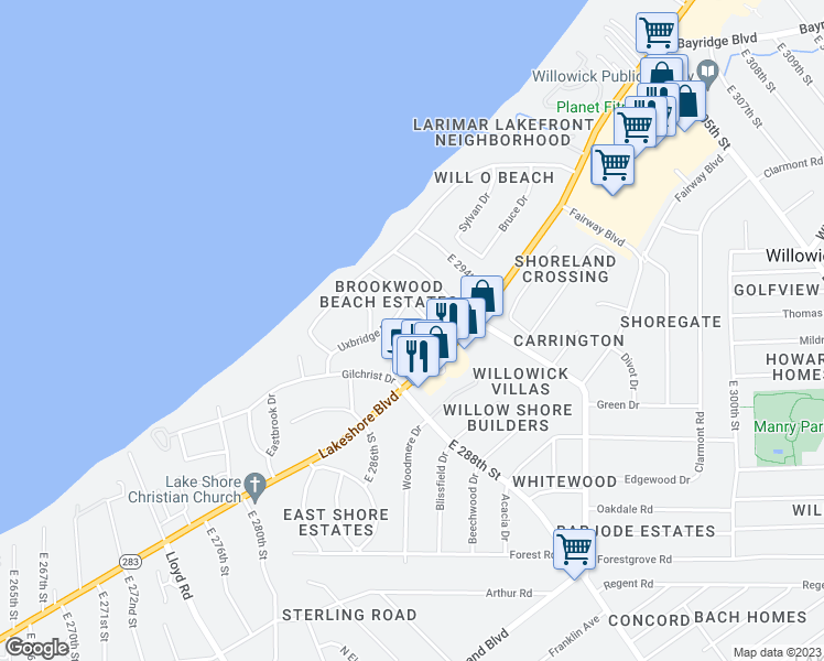 map of restaurants, bars, coffee shops, grocery stores, and more near 29007 Foxboro Street in Willowick