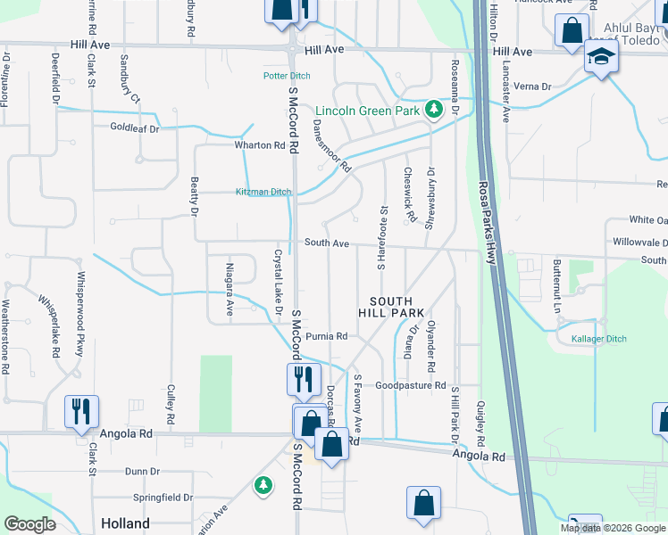 map of restaurants, bars, coffee shops, grocery stores, and more near 533 Dorcas Road in Holland