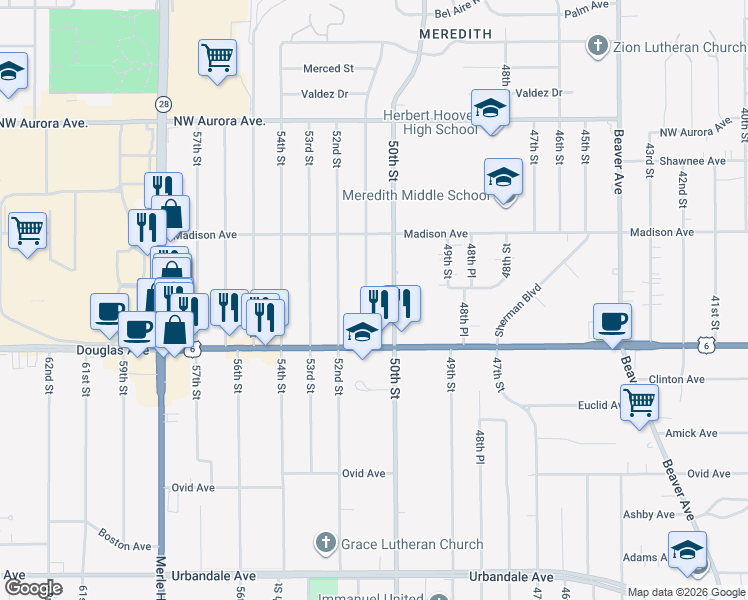 map of restaurants, bars, coffee shops, grocery stores, and more near 3841 51st Street in Des Moines