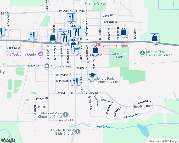map of restaurants, bars, coffee shops, grocery stores, and more near 510 Euclid Avenue in Angola