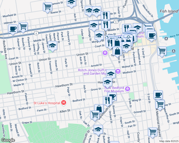 map of restaurants, bars, coffee shops, grocery stores, and more near 110 East Clinton Street in New Bedford