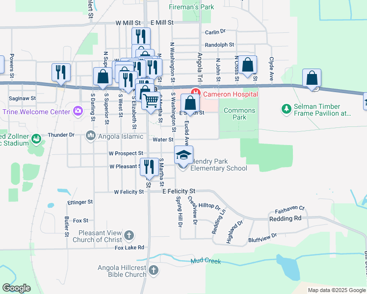 map of restaurants, bars, coffee shops, grocery stores, and more near 510 Euclid Avenue in Angola