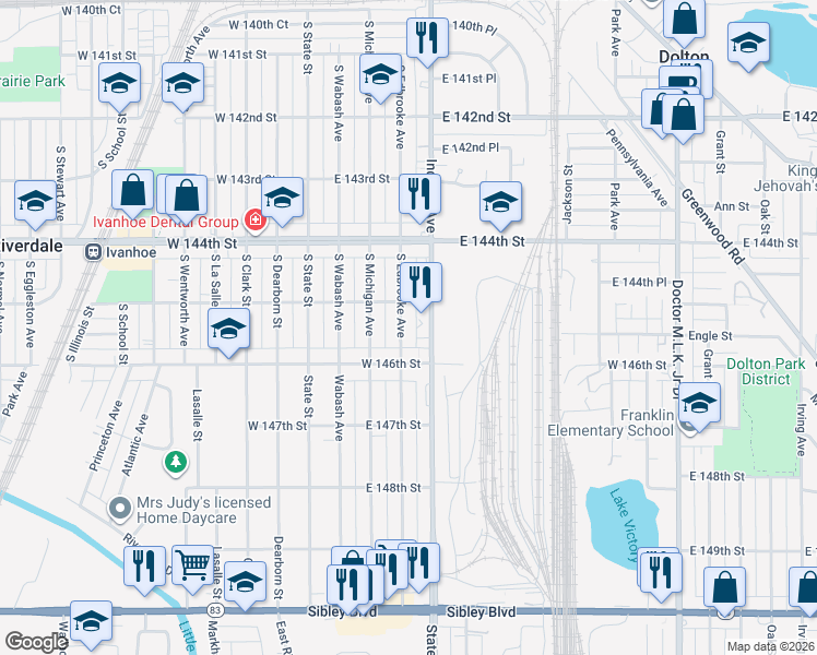 map of restaurants, bars, coffee shops, grocery stores, and more near 14515 South Edbrooke Avenue in Riverdale