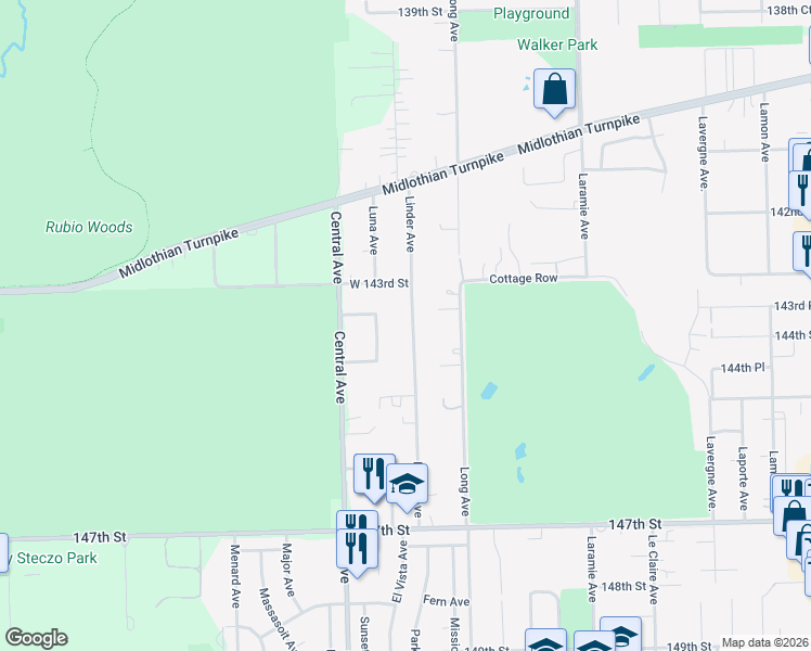 map of restaurants, bars, coffee shops, grocery stores, and more near 14340 Linder Avenue in Midlothian