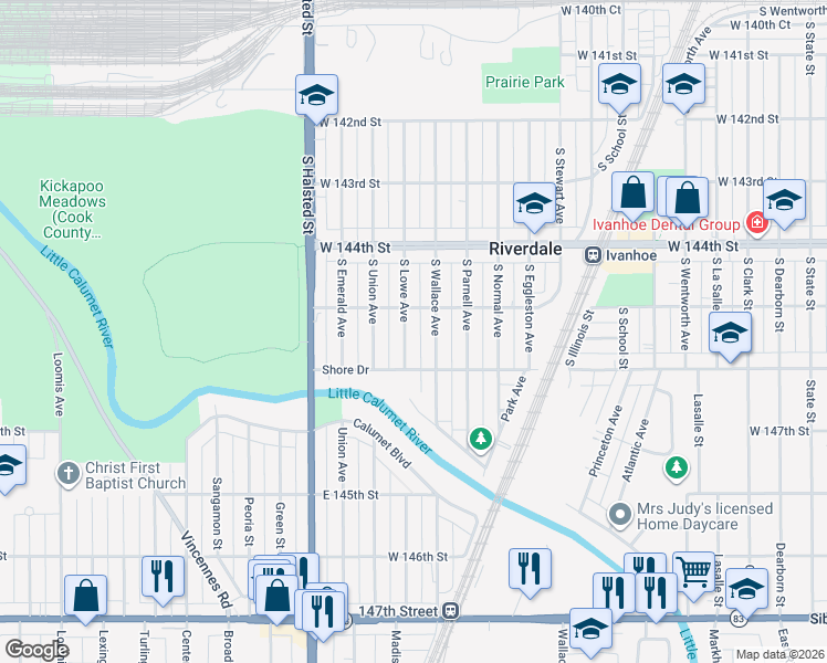 map of restaurants, bars, coffee shops, grocery stores, and more near 14513 South Lowe Avenue in Riverdale