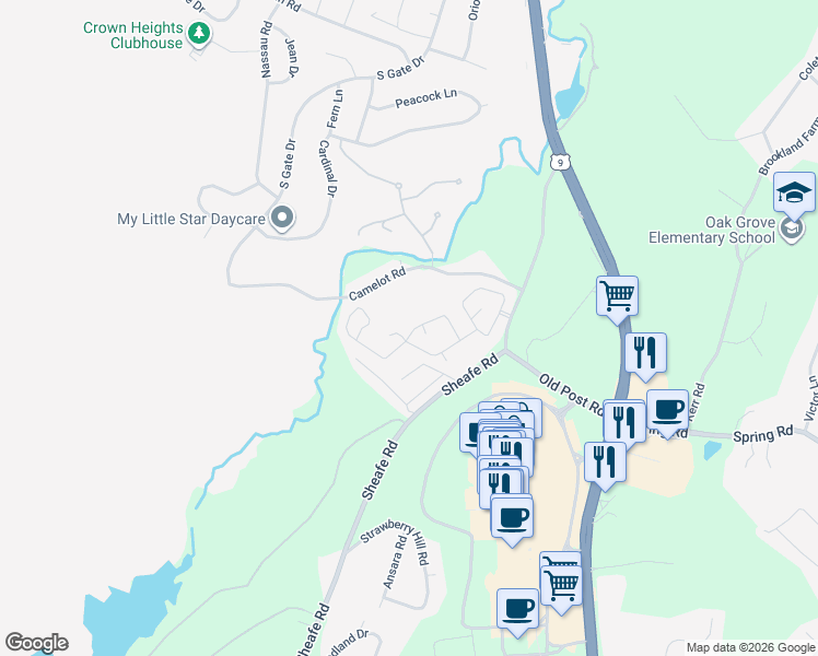 map of restaurants, bars, coffee shops, grocery stores, and more near 111 Camelford Drive in Poughkeepsie