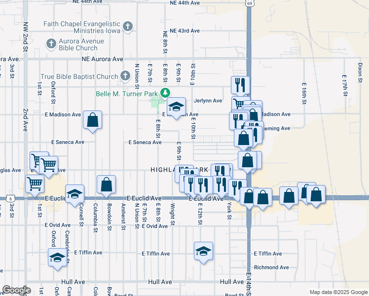 map of restaurants, bars, coffee shops, grocery stores, and more near 907 East Seneca Avenue in Des Moines