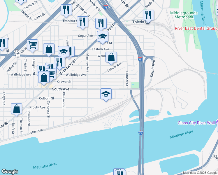 map of restaurants, bars, coffee shops, grocery stores, and more near 322 South Avenue in Toledo