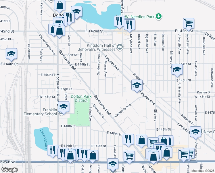 map of restaurants, bars, coffee shops, grocery stores, and more near 14519 Murray Avenue in Dolton