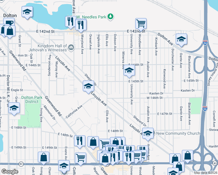 map of restaurants, bars, coffee shops, grocery stores, and more near 14519 Ellis Avenue in Dolton