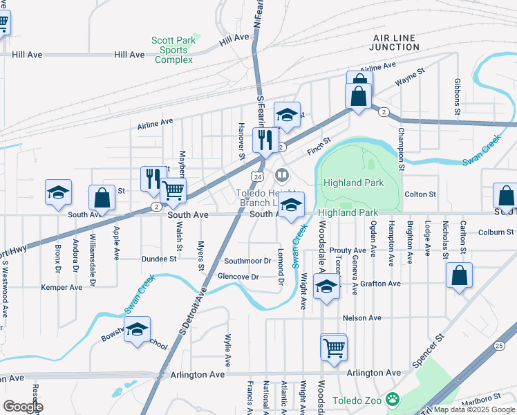 map of restaurants, bars, coffee shops, grocery stores, and more near 488 Shasta Drive in Toledo