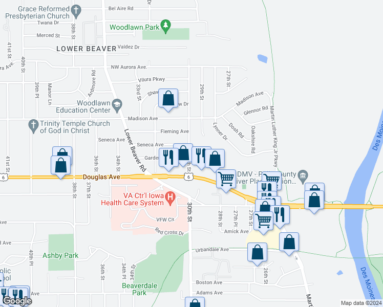 map of restaurants, bars, coffee shops, grocery stores, and more near 2929 Garden Ridge in Des Moines