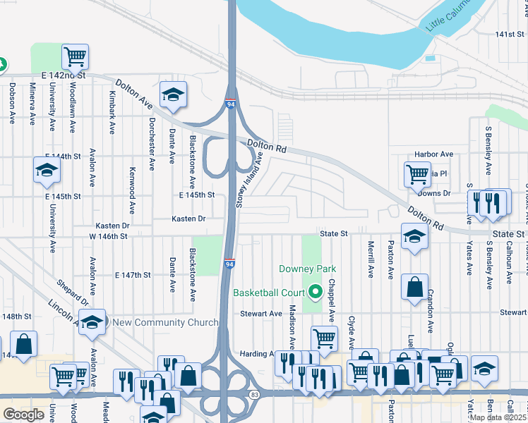 map of restaurants, bars, coffee shops, grocery stores, and more near 4 Oak Court in Calumet City