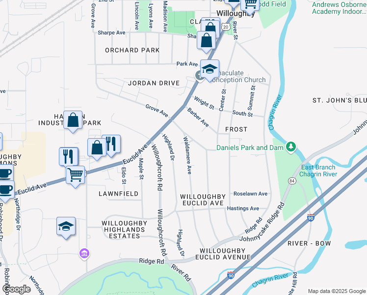 map of restaurants, bars, coffee shops, grocery stores, and more near 4628 Waldamere Avenue in Willoughby