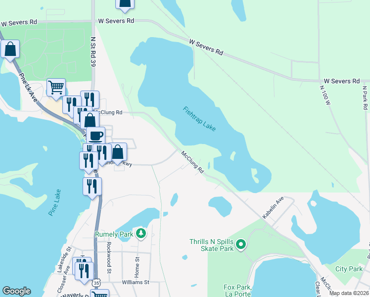 map of restaurants, bars, coffee shops, grocery stores, and more near 159 McClung Road in La Porte