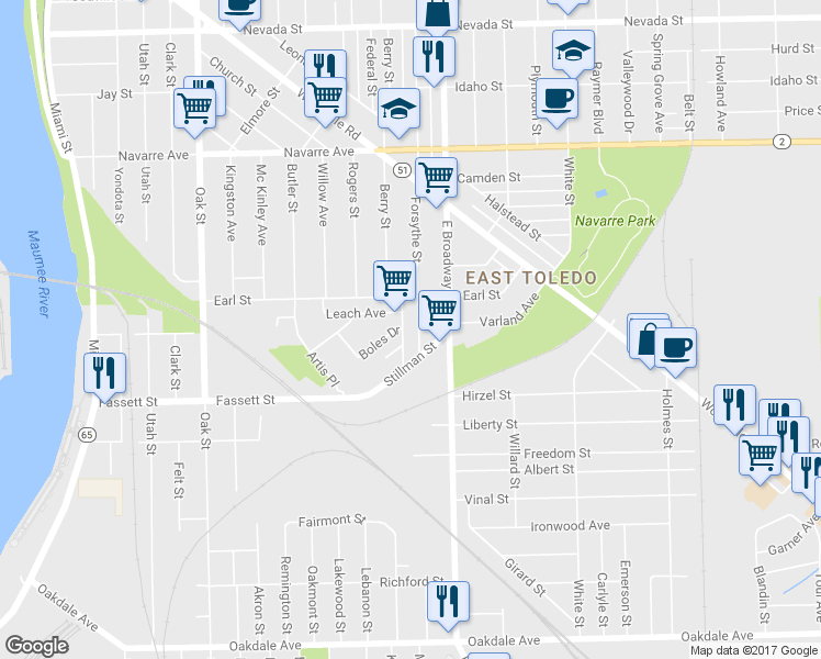 map of restaurants, bars, coffee shops, grocery stores, and more near 1030 Forsythe Street in Toledo