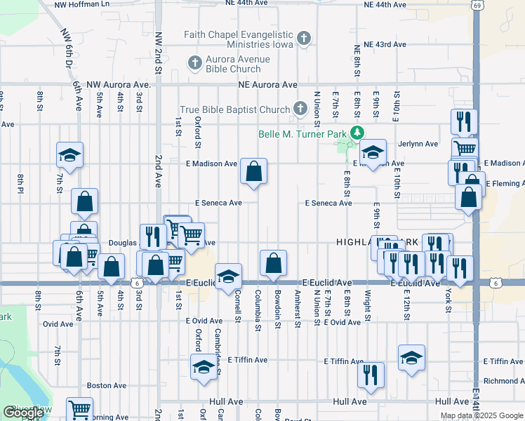 map of restaurants, bars, coffee shops, grocery stores, and more near 3841 Columbia Street in Des Moines