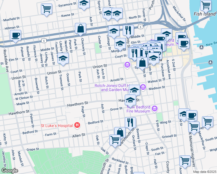 map of restaurants, bars, coffee shops, grocery stores, and more near 110 East Clinton Street in New Bedford