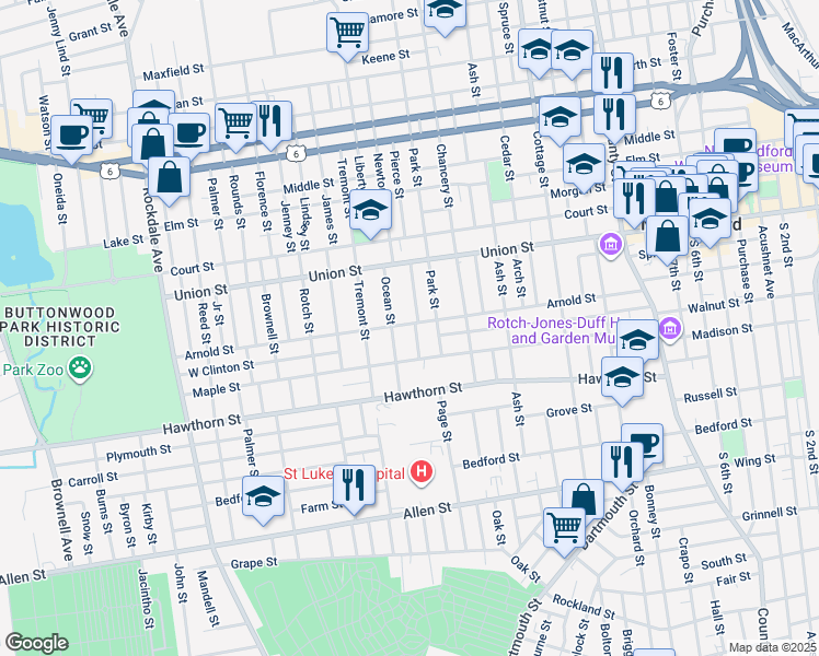 map of restaurants, bars, coffee shops, grocery stores, and more near 224 Arnold Street in New Bedford