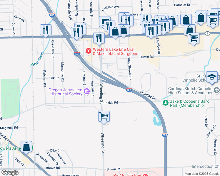 map of restaurants, bars, coffee shops, grocery stores, and more near 1103 South Wheeling Street in Oregon