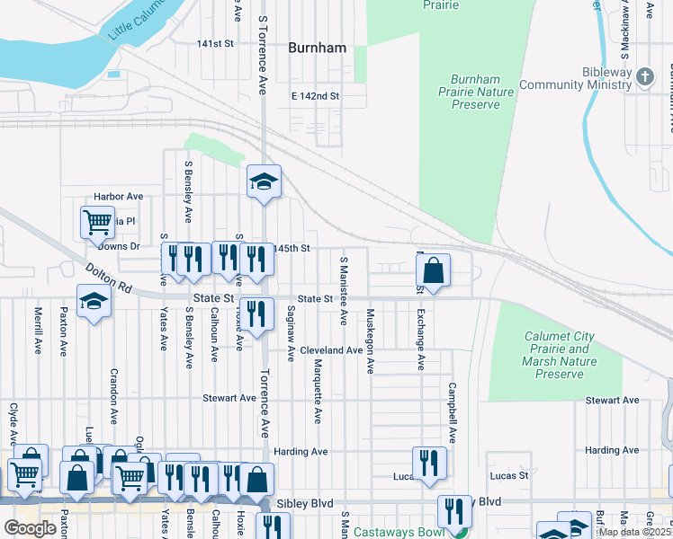 map of restaurants, bars, coffee shops, grocery stores, and more near 14523 South Marquette Avenue in Burnham