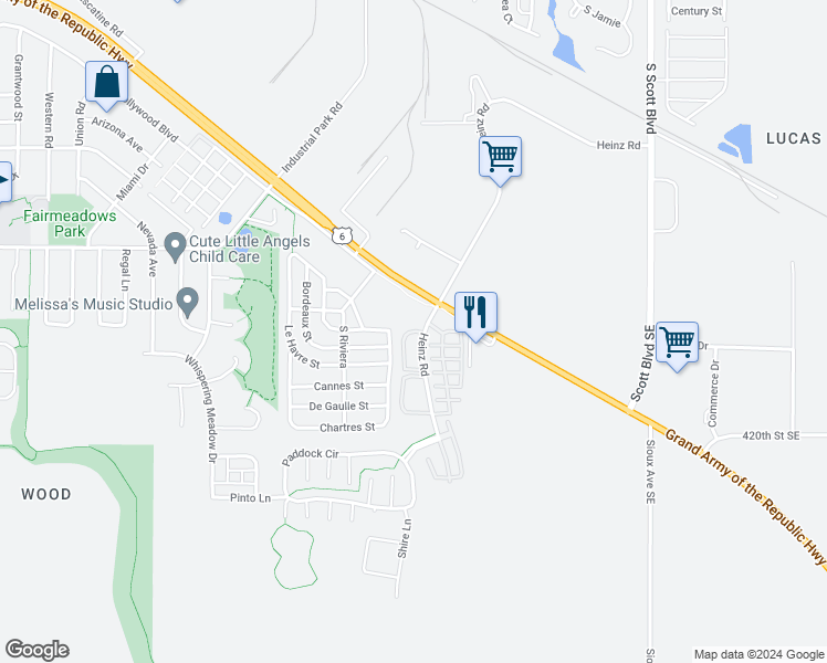 map of restaurants, bars, coffee shops, grocery stores, and more near 2645 Heinz Road in Iowa City