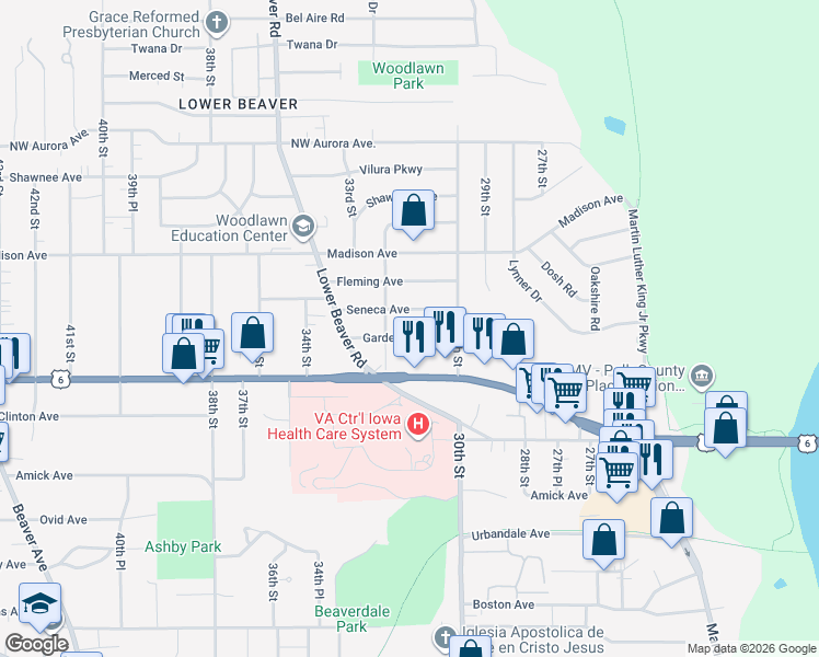 map of restaurants, bars, coffee shops, grocery stores, and more near 3023 Garden Avenue in Des Moines