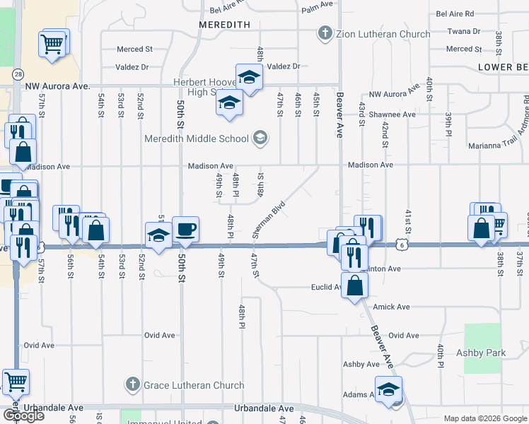 map of restaurants, bars, coffee shops, grocery stores, and more near 3840 Sherman Boulevard in Des Moines