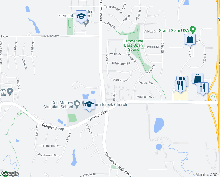 map of restaurants, bars, coffee shops, grocery stores, and more near 3835 Northwest 128th Street in Urbandale