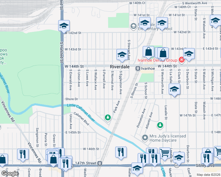map of restaurants, bars, coffee shops, grocery stores, and more near 14512 South Normal Avenue in Riverdale