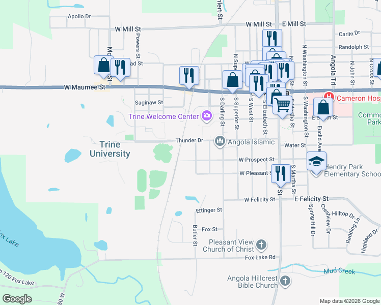 map of restaurants, bars, coffee shops, grocery stores, and more near 418 Oakwood Street in Angola