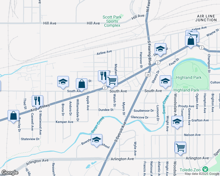 map of restaurants, bars, coffee shops, grocery stores, and more near 2169 Airport Highway in Toledo