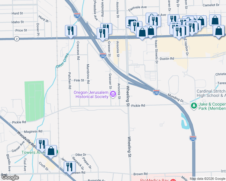 map of restaurants, bars, coffee shops, grocery stores, and more near 1105 Grasser Street in Oregon