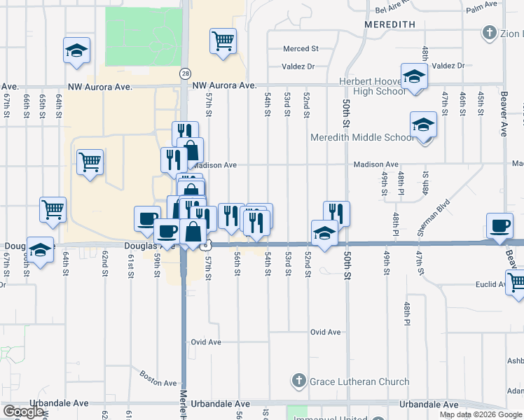 map of restaurants, bars, coffee shops, grocery stores, and more near 3842 54th Street in Des Moines