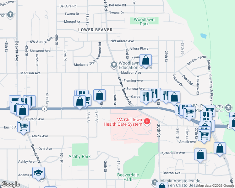 map of restaurants, bars, coffee shops, grocery stores, and more near 3839 34th St in Des Moines