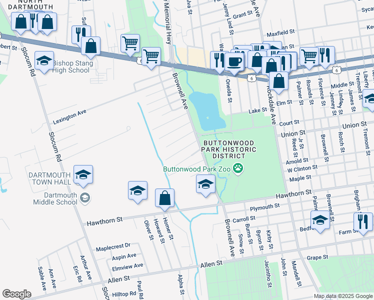 map of restaurants, bars, coffee shops, grocery stores, and more near 30 Pinette Street in New Bedford