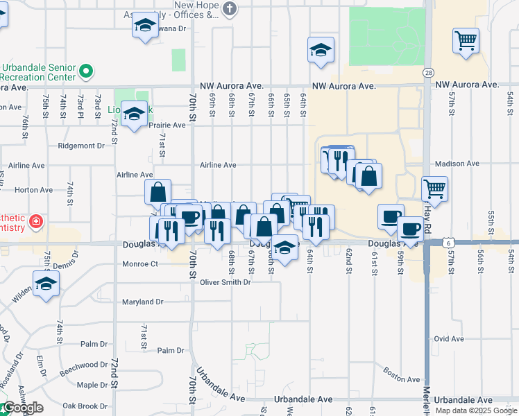 map of restaurants, bars, coffee shops, grocery stores, and more near 6640 Madison Avenue in Urbandale