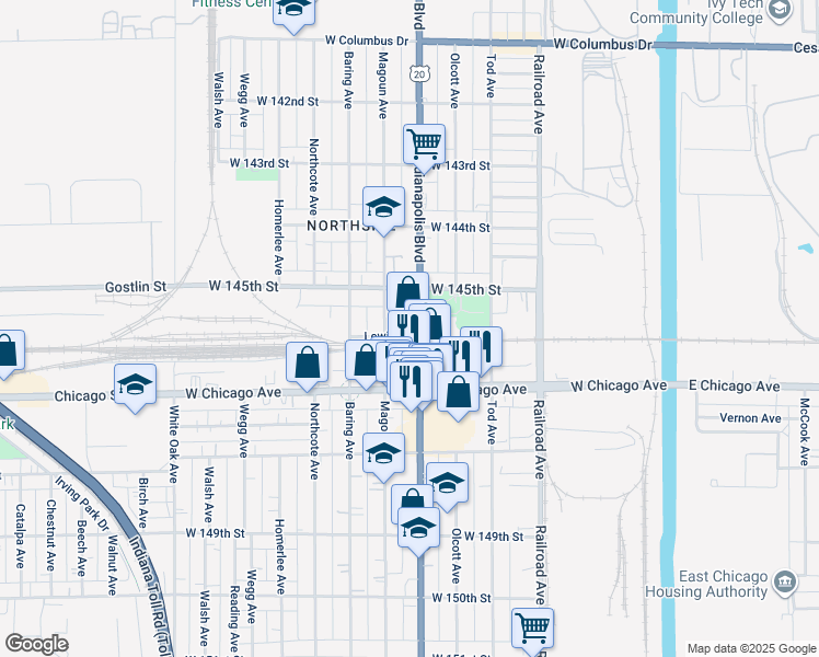map of restaurants, bars, coffee shops, grocery stores, and more near 4530 Indianapolis Boulevard in East Chicago