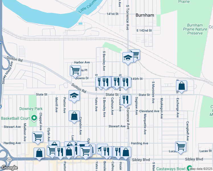 map of restaurants, bars, coffee shops, grocery stores, and more near 14523 South Bensley Avenue in Burnham